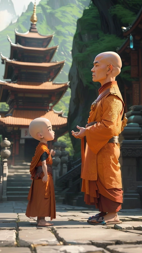 buddhist monk and in front of pagoda in animated scene, The Last Airbender, Fantasy Stills, install, avatar The Last Airbender, Edgar Maxence 和 Ross Tran, cartoon, avatar color static, fisting monk, 4k posts, 4k posts, monk, Ross Tran and Michael Whelan