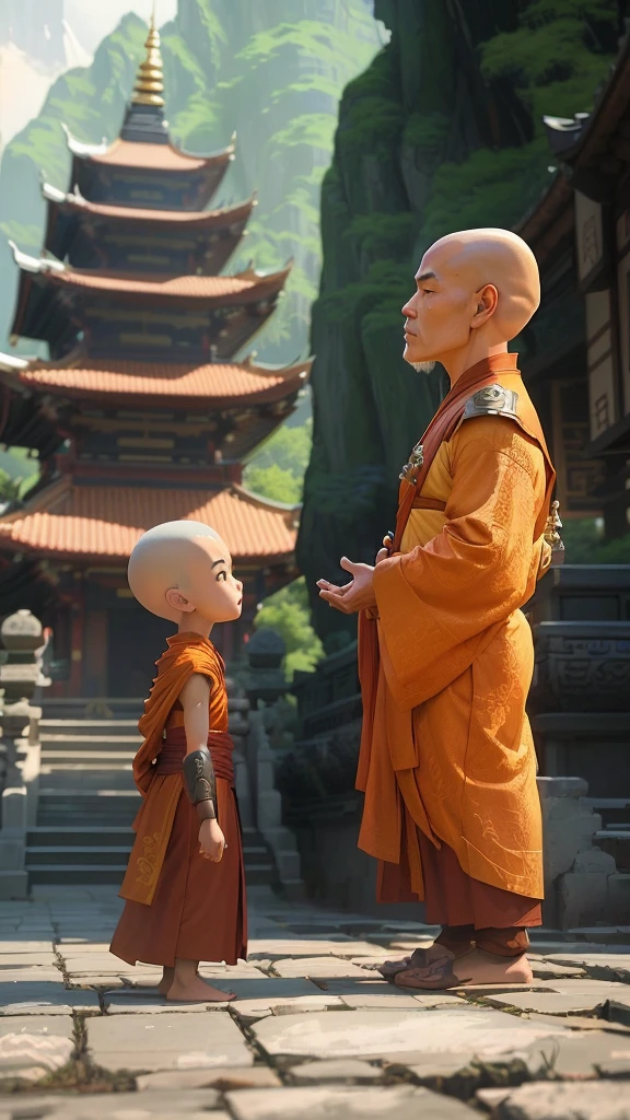 buddhist monk and in front of pagoda in animated scene, The Last Airbender, Fantasy Stills, install, avatar The Last Airbender, Edgar Maxence 和 Ross Tran, cartoon, avatar color static, fisting monk, 4k posts, 4k posts, monk, Ross Tran and Michael Whelan