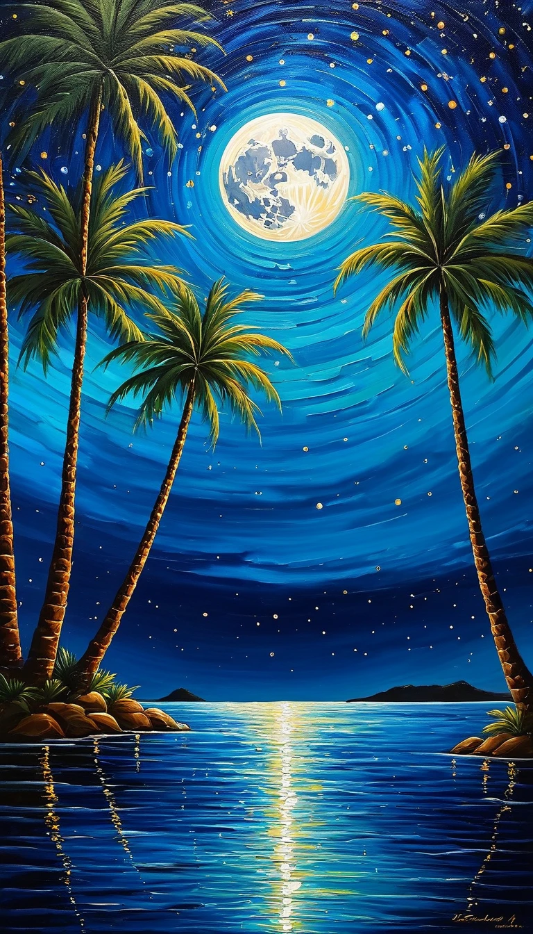 A breathtaking landscape painting that captures the essence of a celestial dance. The scene features towering palm trees silhouetted dark night starry Sky,full moon. The palm trees are elegantly mirrored in the rippling waters below, creating a sense of balance and harmony. The interplay of light and shadow creates a tranquil symphony, with nature's timeless embrace unfolding in an abstract, serene harmony.