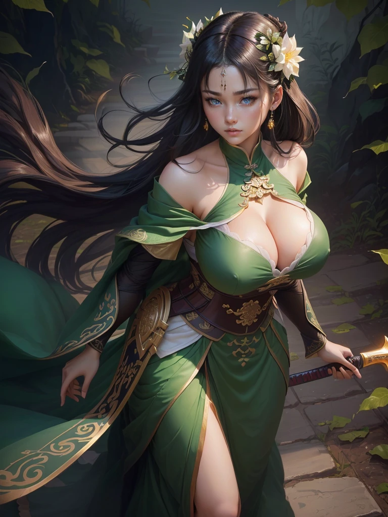 a woman in a green dress holding a sword and a flower, inspired by Li Mei-shu, inspired by Shen Zhou, inspired by Wu Li, inspired by Wu Zuoren, yun ling, inspired by Ju Lian, inspired by Li Tang, full body xianxia, inspired by Qiu Ying, inspired by Lan Ying, xianxia hero, Highly detailed CG unit 8k wallpaper, masterpiece, High resolution, highest quality, highest quality real texture skin, Super Real, Digital Painting, Best image quality, 最High resolution, 8k, ((Highly detailed eyes and face)), 1girl, Beautiful eyes every detail, Full Body Shot, (Cleavage, Saggy breasts, Gravity-dependent breasts, long chest, Heavy chest, disproportionate breasts, huge breasts, sagging breasts, gigantic breasts, erect nipple), Off the shoulder, 