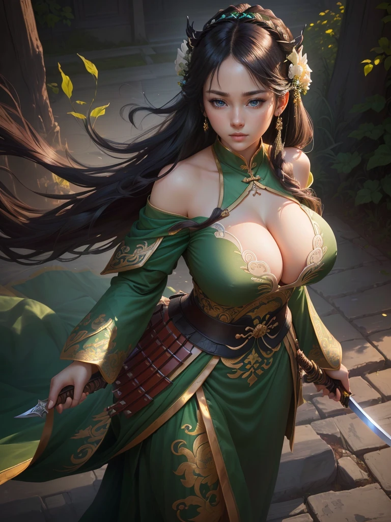 a woman in a green dress holding a sword and a flower, inspired by Li Mei-shu, inspired by Shen Zhou, inspired by Wu Li, inspired by Wu Zuoren, yun ling, inspired by Ju Lian, inspired by Li Tang, full body xianxia, inspired by Qiu Ying, inspired by Lan Ying, xianxia hero, Highly detailed CG unit 8k wallpaper, masterpiece, High resolution, highest quality, highest quality real texture skin, Super Real, Digital Painting, Best image quality, 最High resolution, 8k, ((Highly detailed eyes and face)), 1girl, Beautiful eyes every detail, Full Body Shot, (Cleavage, Saggy breasts, Gravity-dependent breasts, long chest, Heavy chest, disproportionate breasts, huge breasts, sagging breasts, gigantic breasts, erect nipple), Off the shoulder,