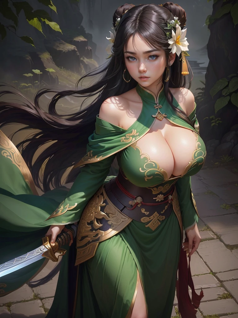 a woman in a green dress holding a sword and a flower, inspired by Li Mei-shu, inspired by Shen Zhou, inspired by Wu Li, inspired by Wu Zuoren, yun ling, inspired by Ju Lian, inspired by Li Tang, full body xianxia, inspired by Qiu Ying, inspired by Lan Ying, xianxia hero, Highly detailed CG unit 8k wallpaper, masterpiece, High resolution, highest quality, highest quality real texture skin, Super Real, Digital Painting, Best image quality, 最High resolution, 8k, ((Highly detailed eyes and face)), 1girl, Beautiful eyes every detail, Full Body Shot, (Cleavage, Saggy breasts, Gravity-dependent breasts, long chest, Heavy chest, disproportionate breasts, huge breasts, sagging breasts, gigantic breasts, erect nipple), Off the shoulder,