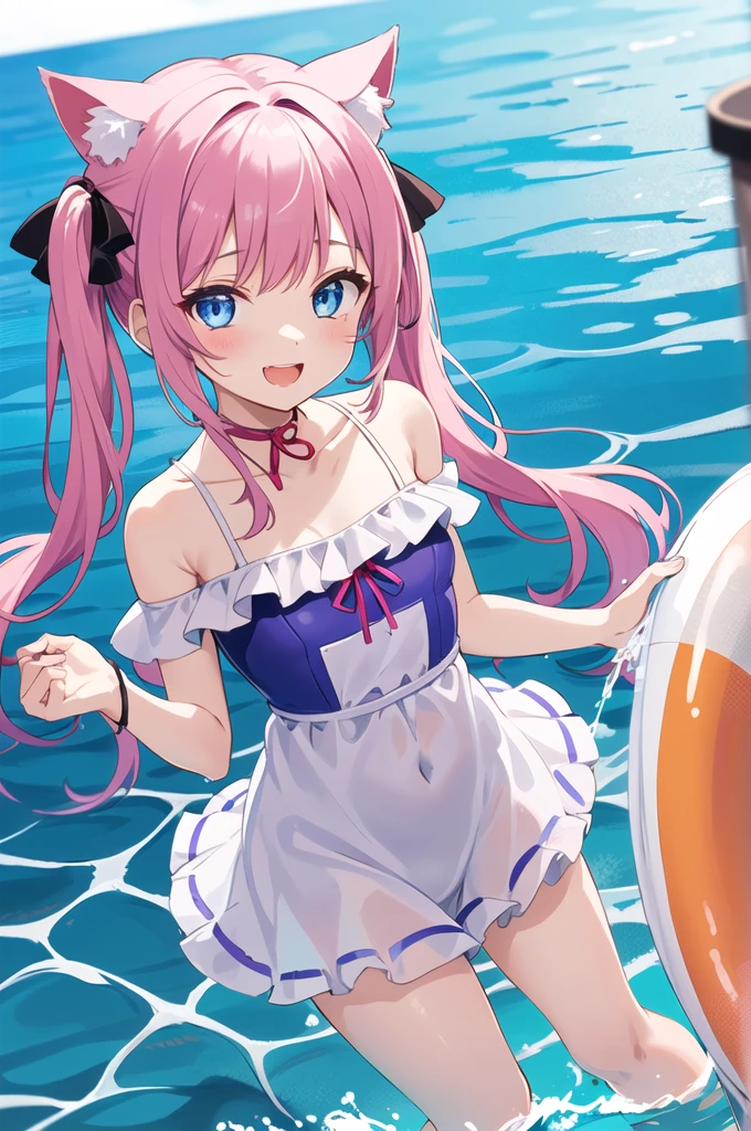 Girl、cute、Yandere、Menhera、Idol、Lori、コン、cute、Purple and blue odd eyes、Pink Hair、Long Hairstyles、Twin tails、Cat ear、Big ribbon、cute、Spoiled、Watery eyes、heart,smile、be happy、Red cheeks、Ocean、dress swimsuit、Water gun、playing、Water Play