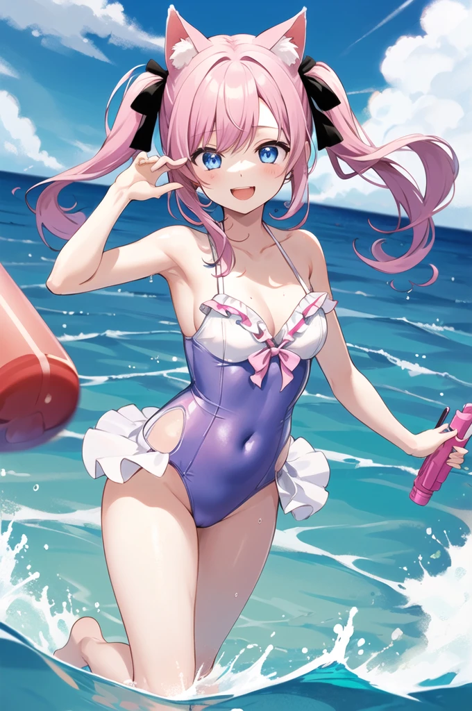 Girl、cute、Yandere、Menhera、Idol、Lori、コン、cute、Purple and blue odd eyes、Pink Hair、Long Hairstyles、Twin tails、Cat ear、Big ribbon、cute、Spoiled、Watery eyes、heart,smile、be happy、Red cheeks、Ocean、dress swimsuit、Water gun、playing、Water Play