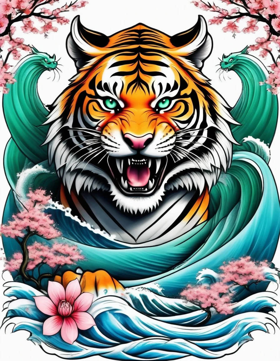 realistic tattoo art of Orange tiger fighting with green Japanese dragon (((Blue eyes))) with pink sakura petal effect ,he is with open mouth looking very fierce and angry, the background is Japanese wave tattoo, (Unity 16K Wallpaper, masterpiece, Best Quality, high quality, Ultra-detailed, extremely details), realistic tattoo art of Orange tiger fighting with green Japanese dragon (((Blue eyes))) with pink sakura petal effect ,he is with open mouth looking very fierce and angry, the background is Japanese wave tattoo,