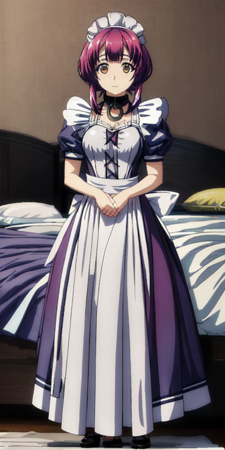 Roxanne, Sherry maid slave on bed open arms(masterpiece, top quality, best quality) pixel art, Slave 1girl full body toe to head, maid dress