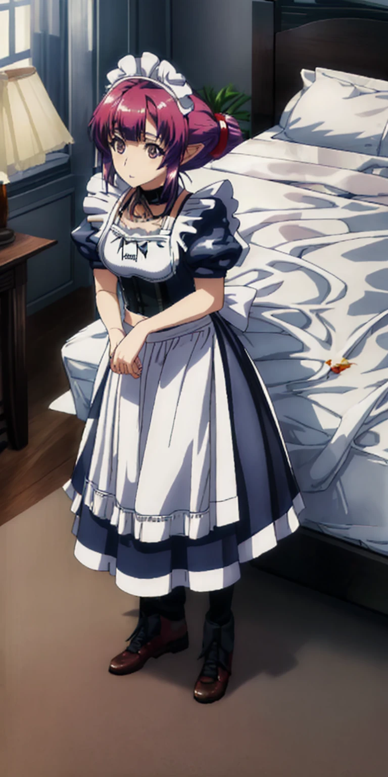 Sherry maid slave on bed open arms(masterpiece, top quality, best quality) pixel art, Slave 1girl full body toe to head, maid dress