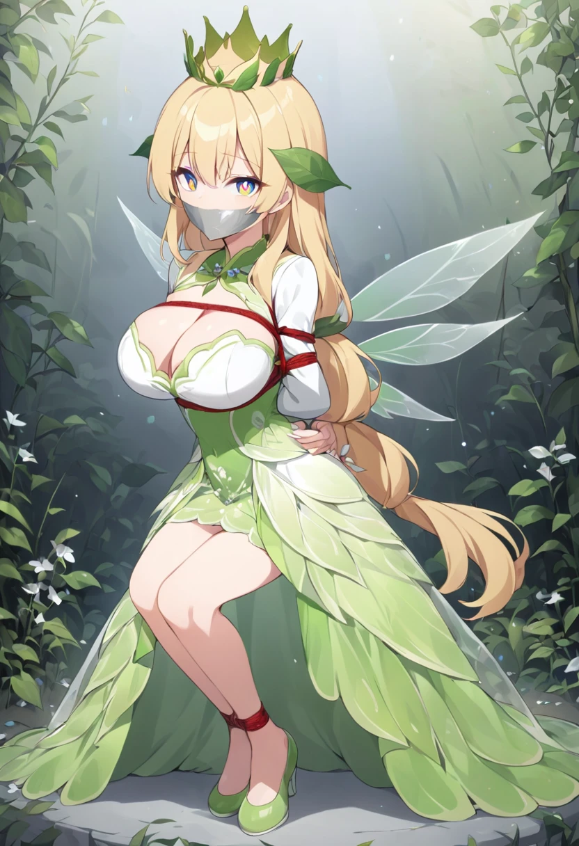 score_9, score_8_up, source_anime, 1girl, solo,The photo features a female character with long, golden yellow hair, wearing an outfit inspired by natural elements, particularly plants. She dons a green crown shaped like leaves adorning her head. Her dress is green with a design resembling leaves and flowers, creating the appearance of a fairy or nature goddess. The sleeves and lower part of her dress are adorned with transparent elements that resemble wings, giving an elegant and magical impression. This character also wears green shoes that match the nature-themed ensemble she presents.(bound wirsts), (arms behind back), (tapegag, tape gag), dramatic,  (looking at viewer), (detailed pupils:1.3), ,red rope, thick rope,big breast,full body 