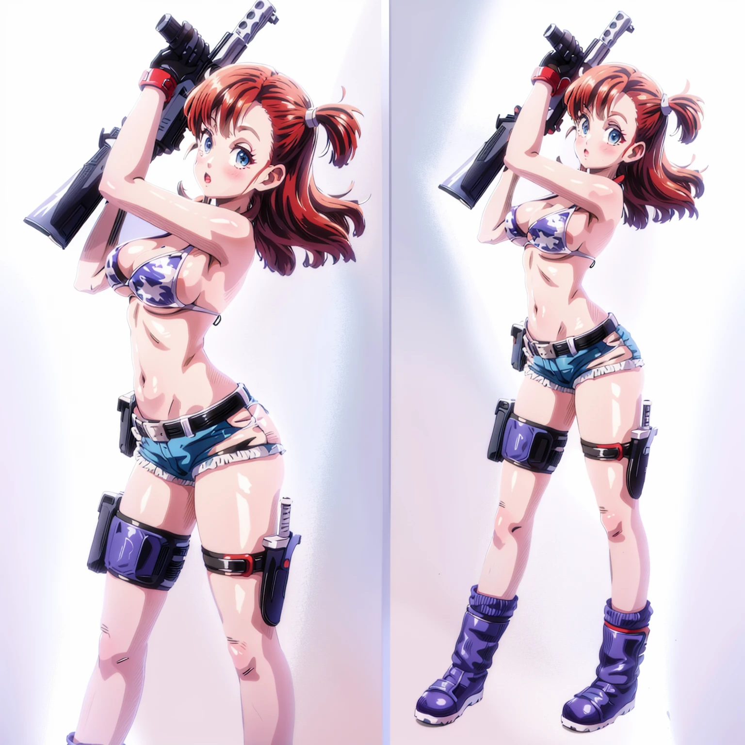 1girl, solo, gun, weapon, shorts, swimsuit, bulma, holster, boots, bikini, red hair, gloves, breasts, one side up, bikini top only, shorts, thigh holster, shorts, short shorts, cleavage, navel, medium breasts, handgun, full body, long hair, midriff, belt, thigh strap