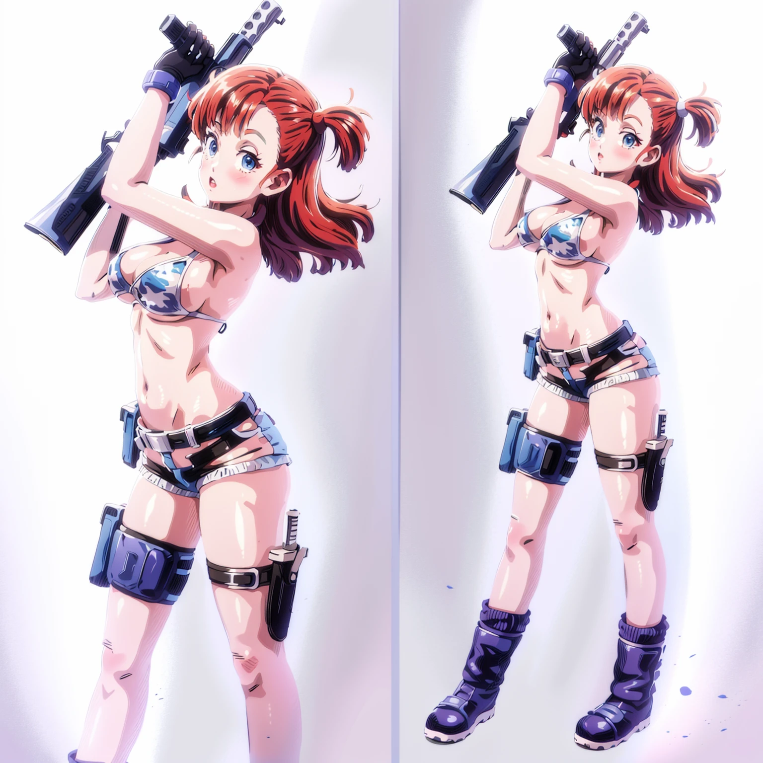 1girl, solo, gun, weapon, shorts, swimsuit, bulma, holster, boots, bikini, red hair, gloves, breasts, one side up, bikini top only, shorts, thigh holster, shorts, short shorts, cleavage, navel, medium breasts, handgun, full body, long hair, midriff, belt, thigh strap