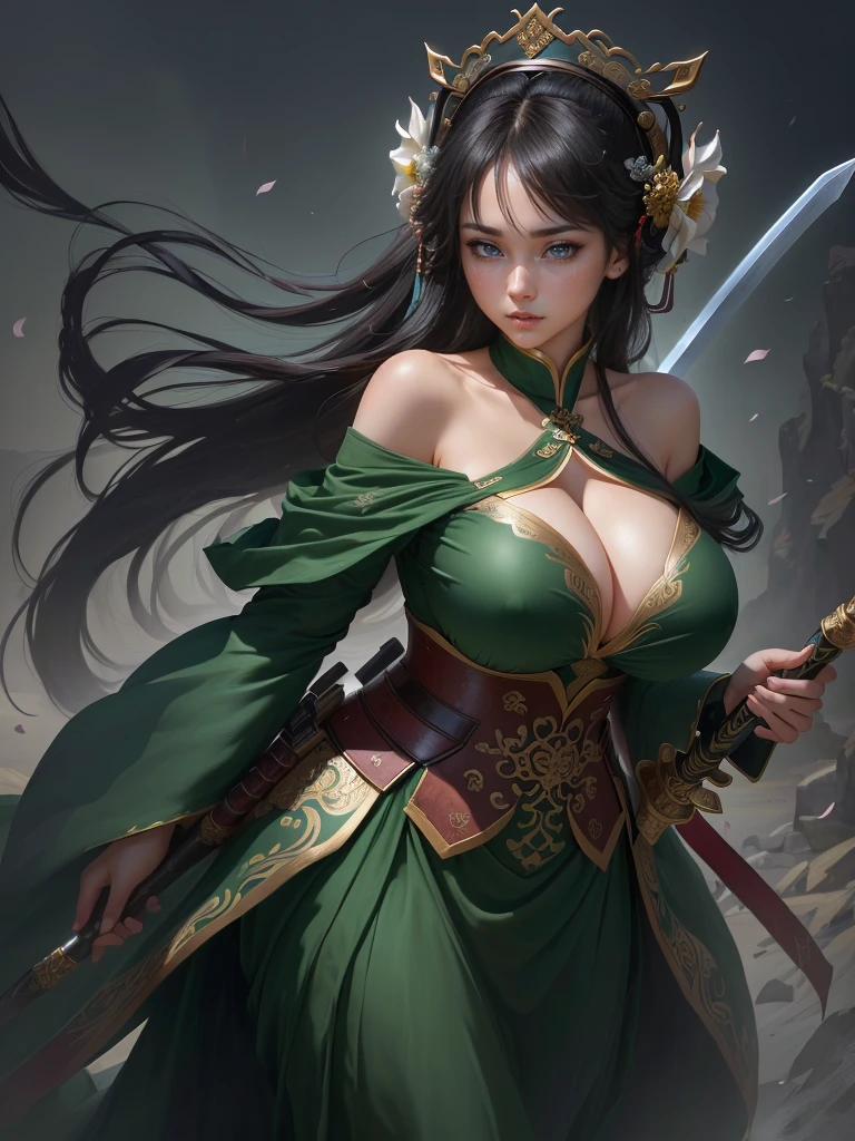 a woman in a green dress holding a sword and a flower, inspired by Li Mei-shu, inspired by Shen Zhou, inspired by Wu Li, inspired by Wu Zuoren, yun ling, inspired by Ju Lian, inspired by Li Tang, full body xianxia, inspired by Qiu Ying, inspired by Lan Ying, xianxia hero, Highly detailed CG unit 8k wallpaper, masterpiece, High resolution, highest quality, highest quality real texture skin, Super Real, Digital Painting, Best image quality, 最High resolution, 8k, ((Highly detailed eyes and face, Beautiful eyes every detail)), 1girl, Full Body Shot, Cleavage, Saggy , Gravity-dependent , long , Heavy , disproportionate , , sagging , ,  , Off the shoulder, 