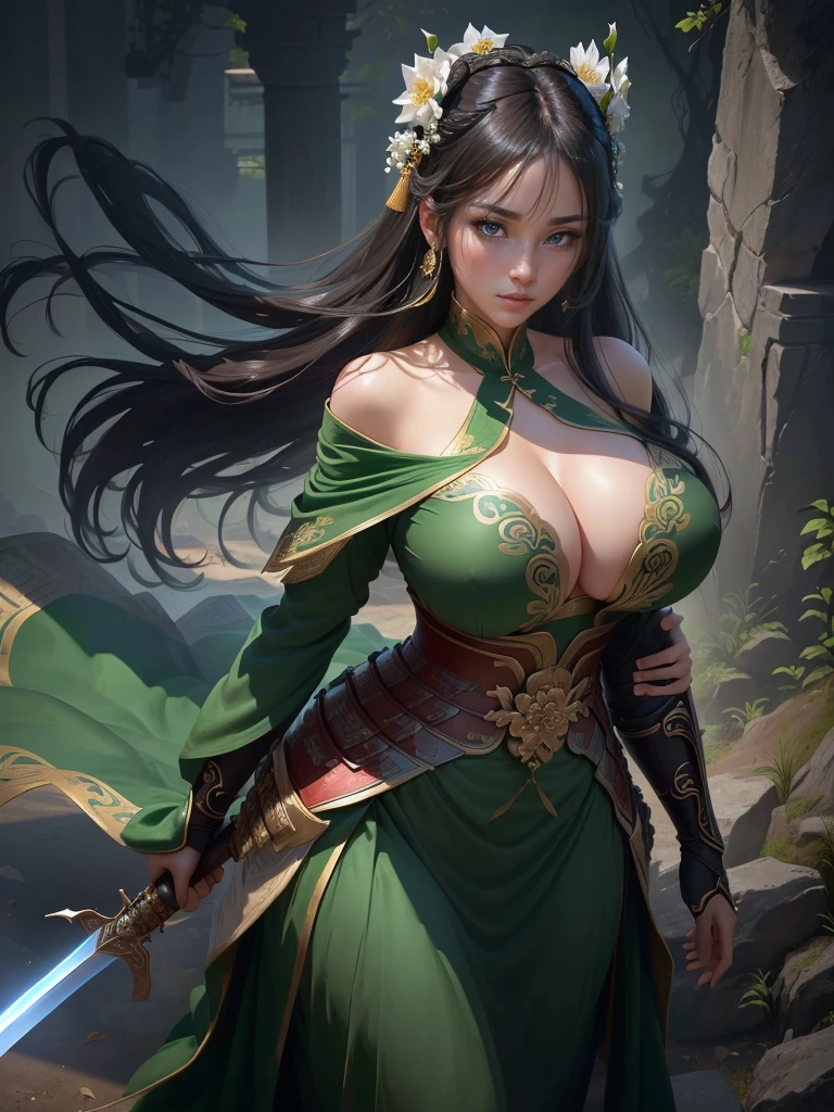 a woman in a green dress holding a sword and a flower, inspired by Li Mei-shu, inspired by Shen Zhou, inspired by Wu Li, inspired by Wu Zuoren, yun ling, inspired by Ju Lian, inspired by Li Tang, full body xianxia, inspired by Qiu Ying, inspired by Lan Ying, xianxia hero, Highly detailed CG unit 8k wallpaper, masterpiece, High resolution, highest quality, highest quality real texture skin, Super Real, Digital Painting, Best image quality, 最High resolution, 8k, ((Highly detailed eyes and face, Beautiful eyes every detail)), 1girl, Full Body Shot, Cleavage, Saggy breasts, Gravity-dependent breasts, long chest, Heavy chest, disproportionate breasts, huge breasts, sagging breasts, gigantic breasts, erect nipple, Off the shoulder, 