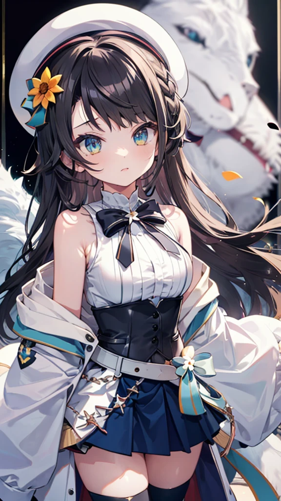 (Ultra-high resolution,masterpiece, Attention to detail, Highest quality), 8k,(aalamy, long hair, streaked hair, ahoge, braid, beret, white headwear, hair flower, blue bowtie, cleavage, clothing cutout, white shirt, off shoulder, sleeveless, black corset, blue coat, snowflake print, fur-trimmed coat, open clothes, white thighhighs, brown belt, blue skirt),(Blessed,Captivating body、Ultra-detailed skin、Super beautiful eyes、Detailed Background),One girl、 (enjoy :1.5),