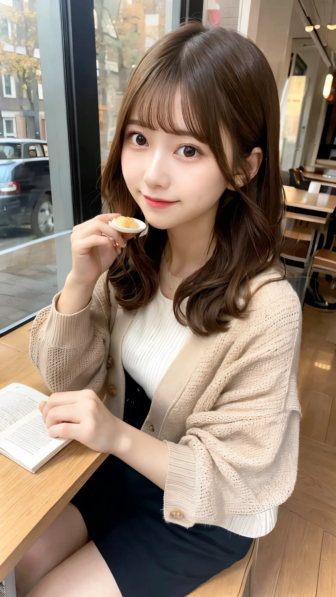 best quality, masterpiece, 1girl, medium hair, perm hair, wearing cardigan, cafe, reading magazine, full body shot, natural light