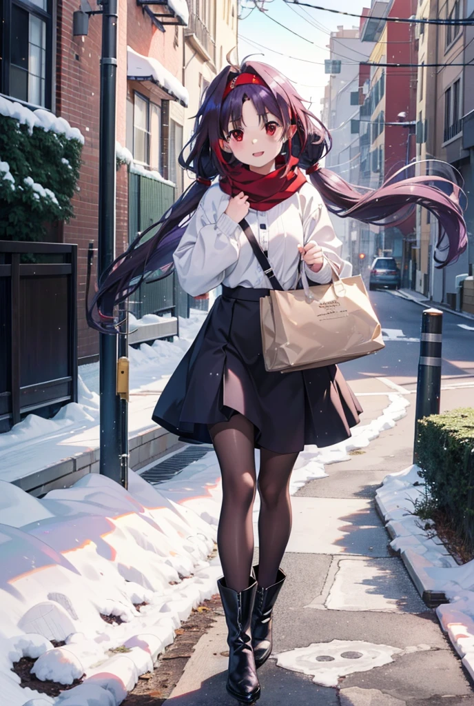 yuukikonno, Konno Yuuki, Long Hair, Pointed Ears, Purple Hair, (Red eyes:1.5), (Small breasts:1.2), Open your mouth,happy smile, smile, Open your mouth,hair band,low twin tail,Red Scarf,Oversized purple sweater,Black pantyhose,Long skirt,short boots,Holding a paper cup of coffee in both hands,Walking,snowが降っている,snowが降り積もっている,snow,snow,snow,snow,snowが積もった木,winter,Cold Sky,night,whole bodyがイラストに入るように,
break looking at viewer, whole body,
break outdoors, Building district,
break (masterpiece:1.2), Highest quality, High resolution, unity 8k wallpaper, (figure:0.8), (Beautiful attention to detail:1.6), Highly detailed face, Perfect lighting, Highly detailed CG, (Perfect hands, Perfect Anatomy),