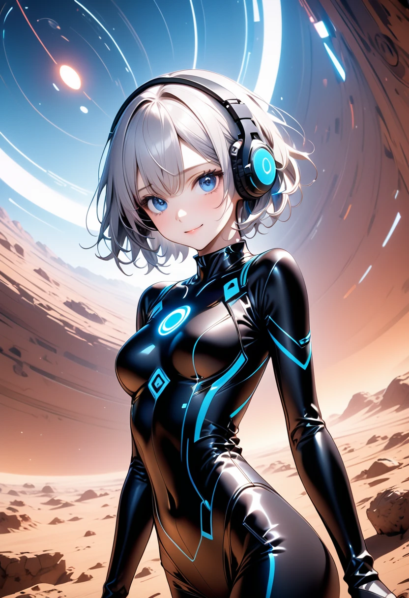 A beautiful silver-haired girl wearing headphones, a sci-fi action set on Mars in the 2500s, a body suit with a black base that emits a glow, a complex pattern that emits light, a smiling face, and blue eyes staring at you. There is., ai-generated,Dynamic poses, sexy poses,A sad expression, (dutch angle), White ceramic,