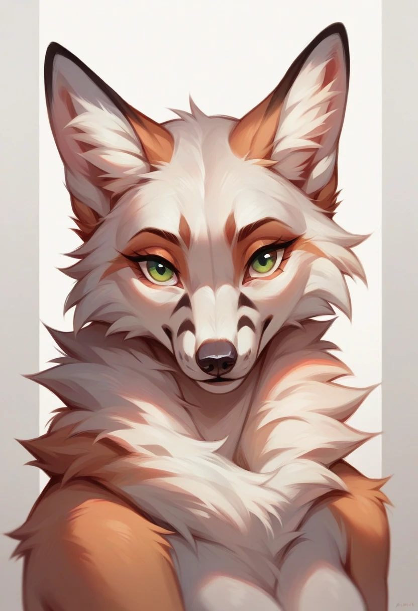 fluffy fox with white fur, girl, green eyes, portrait