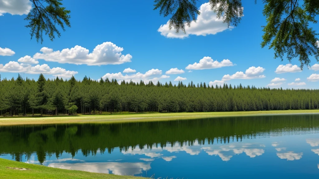 Blue sky，White clouds are like marshmallows，A lake with crystal clear water，There are fish in the lake，Lakeside trees，Birds on the tree。Close shot