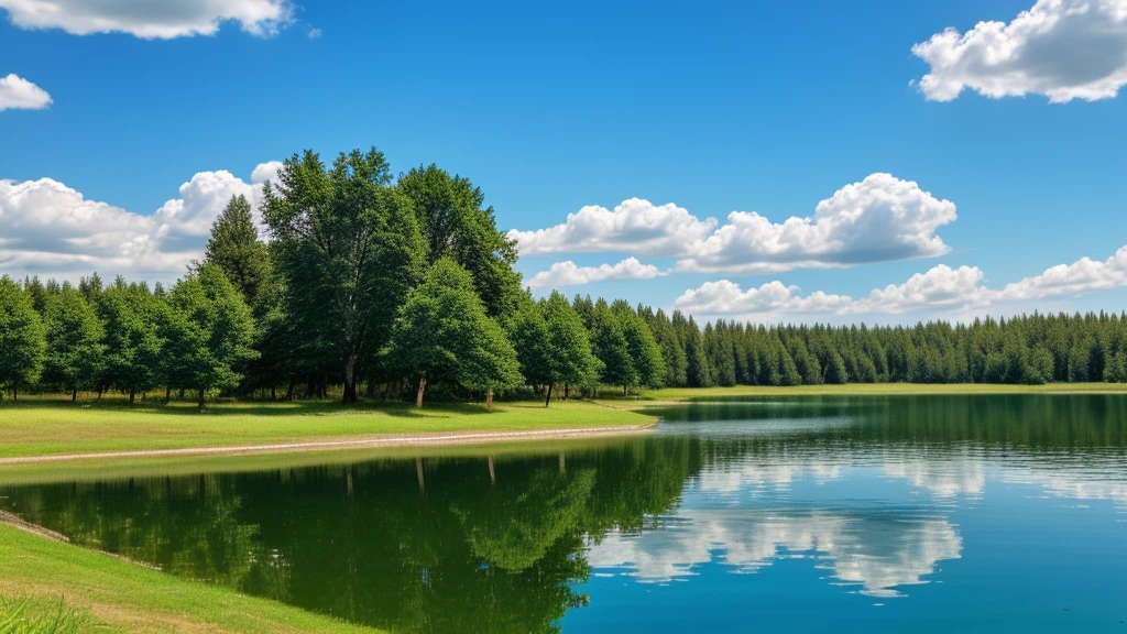 Blue sky,White clouds are like marshmallows,A lake with crystal clear water,There are fish in the lake,Lakeside trees,Birds on the tree。Close shot