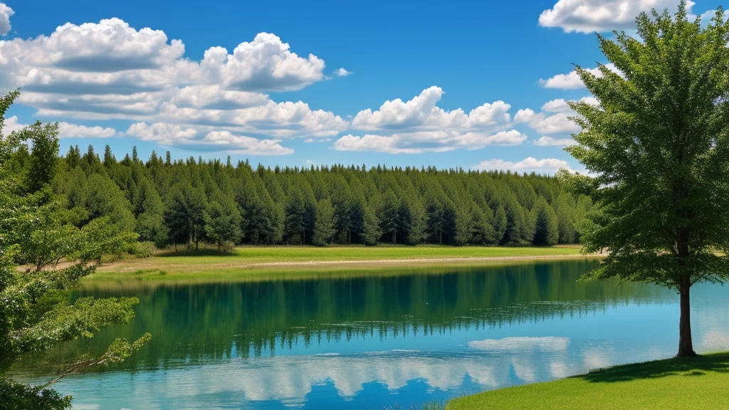 Blue sky,White clouds are like marshmallows,A lake with crystal clear water,There are fish in the lake,Lakeside trees,Birds on the tree。Close shot