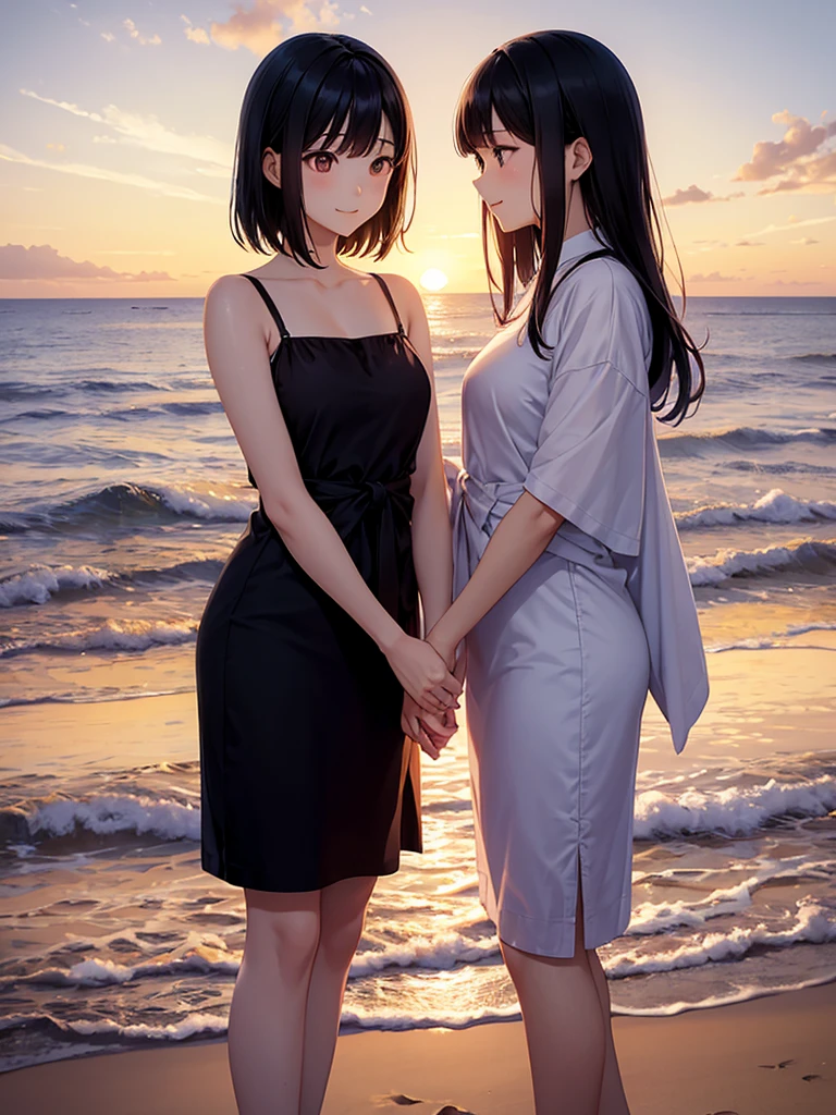 In thai novel art style A couple safic of Two young adult South Korean women with height differences. The oldest in her twenty-eight with her black hair and shorter height and the youngest with her twenty-four years being more than his girlfriend. Embraced on the shore between sand and sea, they smile like a couple in love while the orange sunset sun illuminates their faces, which are enveloped by the beige colors of the sunset.