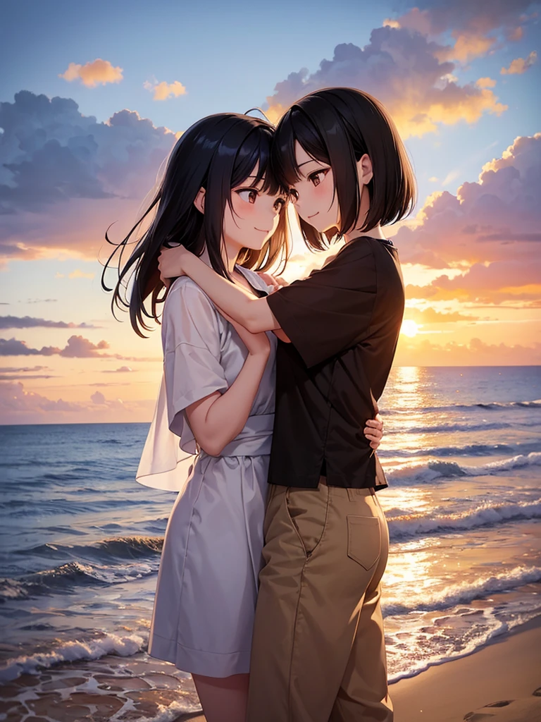 In thai novel art style A couple safic of Two young adult South Korean women with height differences. The oldest in her twenty-eight with her black hair and shorter height and the youngest with her twenty-four years being more than his girlfriend. Embraced on the shore between sand and sea, they smile like a couple in love while the orange sunset sun illuminates their faces, which are enveloped by the beige colors of the sunset.