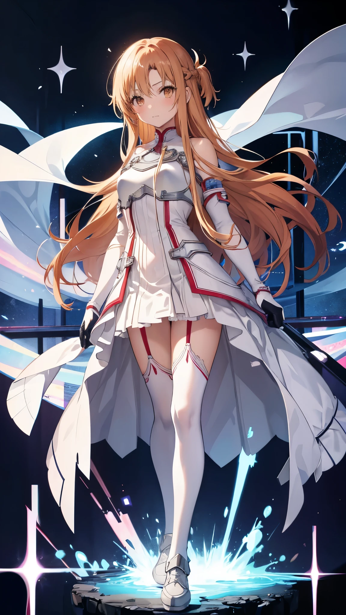 白いdressと赤いストッキングを着た女性が岩の上に座っている、Yuuki Asuna, Beautiful woman in anime style, Highest quality, Perfect Anatomy, Super detailed, One girl, alone, chest, An athletic body, Good move, Good legs, Knees are good, Night Sky, performer, Long Hair, medium chest, View your viewers, Happy, bangs, Brown Hair, Knee socks, gloves, dress, chestの谷間, Exposing shoulders, Brown eyes, very Long Hair, Crossing your legs, white gloves, white dress, armor, white Knee socks, Garter Straps, white armor,