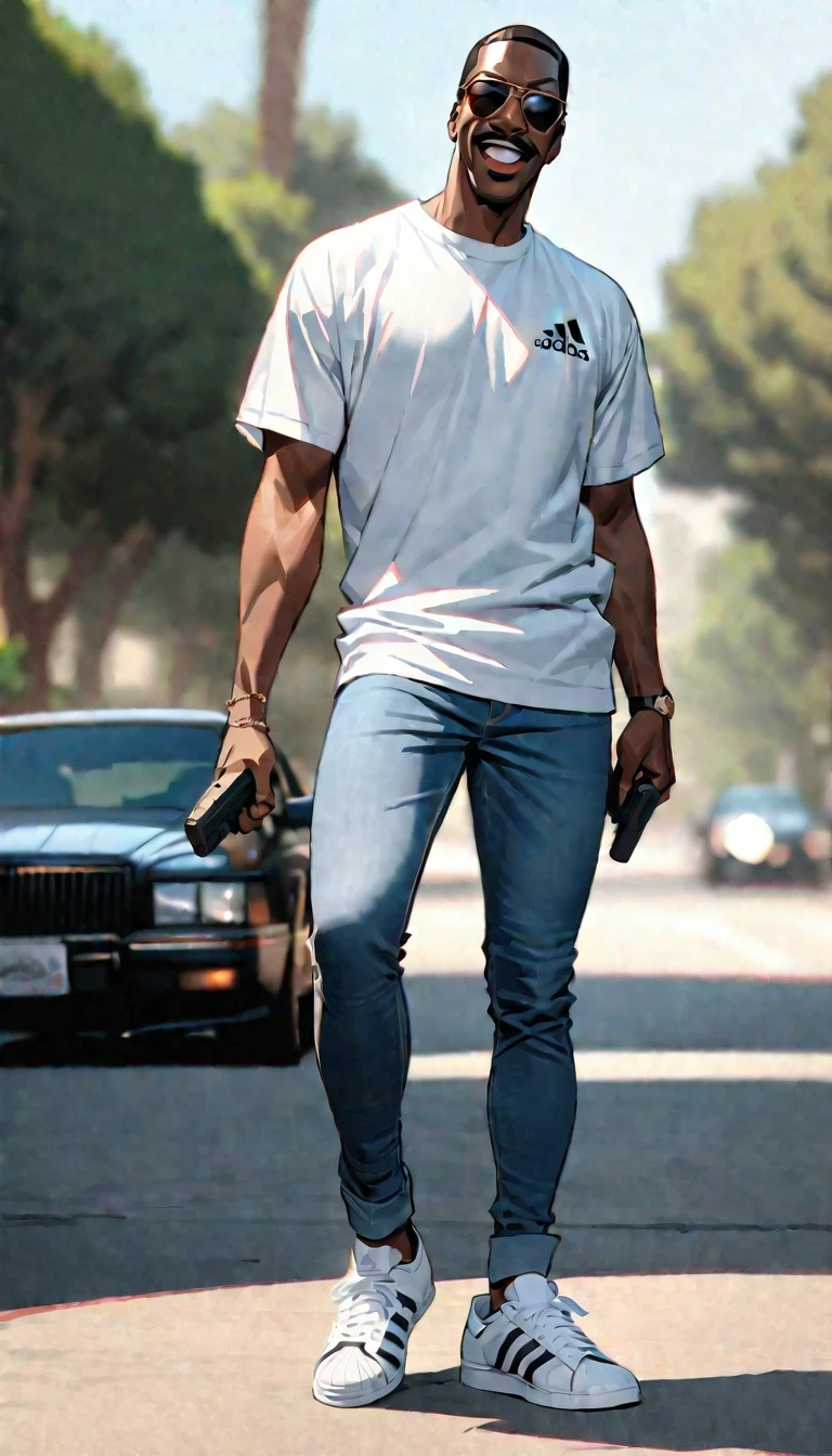 ((masterpiece)),((Highest quality)),((High resolution)),((Very detailed)),One Man,Black,((eddie murphy)),whole body,Plain white T-shirt,jeans,Adidas sneakers,(((pistol))),Pistol,(The background is Beverly Hills),(((Background Blur))),Beverly Hills Cop Style