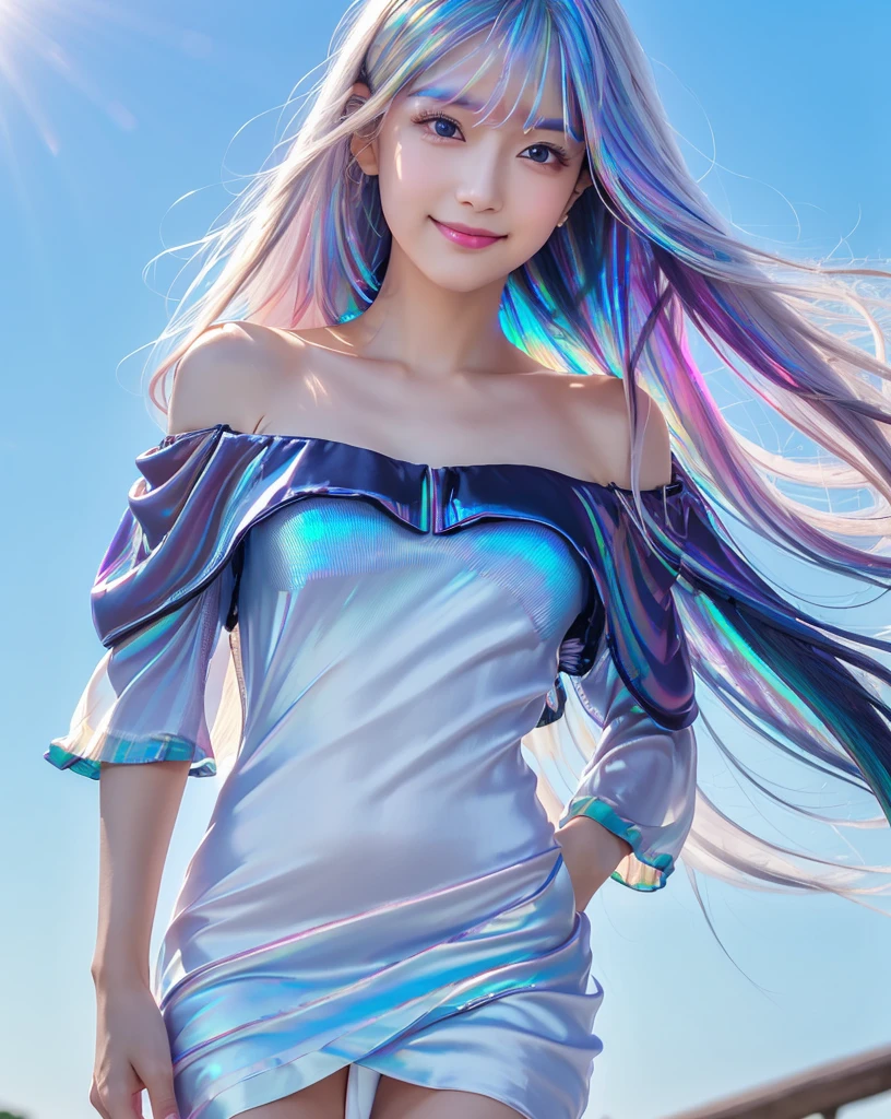 (Highest quality, 32k, High resolution, Masterpiece:1.5), marimo_jet, god々A photograph with brilliant dazzling and healing power., Evoking a sense of calm and elusive beauty, Expressing emotions, Have a rich imagination,Beautiful Japanese Girls, An exceptionally beautiful face, Small Face Beauty, Perfect Human Anatomy, Magical big eyes, Motherhood and generosity, Deep Love, fleeting smile, ((Iridescent gradient hair:1.4)), ((Super Long Straight Silk Hair:1.3)), Asymmetrical bangs, Hair between the eyes, Transparent, soft white skin, Sharp eyebrows, Thin lashes, Natural Makeup, Cheek highlighter, Pale pink detailed lips, ((Blue Off Shoulder Dress:1.3)), High resolutionの完璧な鎖骨, High resolutionの美しい胸元, Slim figure with ample breasts, High resolutionの美しい太もも, ((Detailed blue sky background:1.2)), Professional Lighting, Professional photographer, Professional models, god秘的