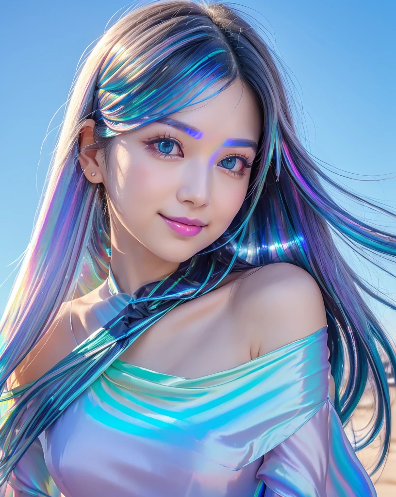 (Highest quality, 32k, High resolution, Masterpiece:1.5), marimo_jet, god々A photograph with brilliant dazzling and healing power., Evoking a sense of calm and elusive beauty, Expressing emotions, Have a rich imagination,Beautiful Japanese Girls, An exceptionally beautiful face, Small Face Beauty, Perfect Human Anatomy, Magical big eyes, Motherhood and generosity, Deep Love, fleeting smile, ((Iridescent gradient hair:1.4)), ((Super Long Straight Silk Hair:1.3)), Asymmetrical bangs, Hair between the eyes, Transparent, soft white skin, Sharp eyebrows, Thin lashes, Natural Makeup, Cheek highlighter, Pale pink detailed lips, ((Blue Off Shoulder Dress:1.3)), High resolutionの完璧な鎖骨, High resolutionの美しい胸元, Slim figure with ample breasts, High resolutionの美しい太もも, ((Detailed blue sky background:1.2)), Professional Lighting, Professional photographer, Professional models, god秘的