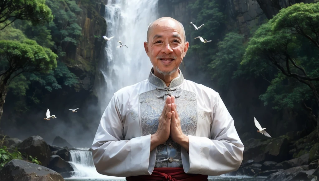 A middle-aged rather thin oriental man with a bald short beard puts his hands together，Showing goodbye，Eyes looking into the camera，Wearing a two-piece light-colored Chinese dress，Standing in the forest with waterfall，There are birds flying，There are white clouds in the blue sky，There is a rainbow above the waterfall，Beautiful and high-definition picture，The details are very clear，With depth of field