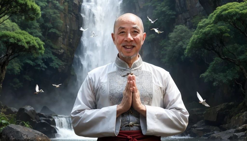 A middle-aged rather thin oriental man with a bald short beard puts his hands together，Showing goodbye，Eyes looking into the camera，Wearing a two-piece light-colored Chinese dress，Standing in the forest with waterfall，There are birds flying，There are white clouds in the blue sky，There is a rainbow above the waterfall，Beautiful and high-definition picture，The details are very clear，With depth of field