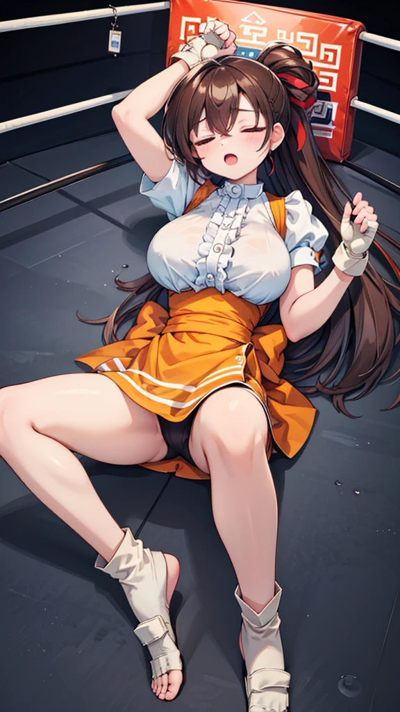 Highest quality,masterpiece,Lying down,sleep,(レスリングのリングにLying down, WWE Divas,Wrestling Arena,Wrestling ring background, Boxing ring background), 仰向けにsleep, Lack of stamina, Ryona, Hitting a girl, death is near,タケユカ 超ロングヘア ヘアribbon, Frilled shirt, Underbust, ribbon, Fingerless gloves, White gloves, Waist apron, Orange Skirt, socks, Toeless legwear,winner, Nice, winner, (Moaning , Open your mouth), ((, 仰向けにsleep, 地面にsleep, lose consciousness, Unconscious, )), , ( Tilt your head),