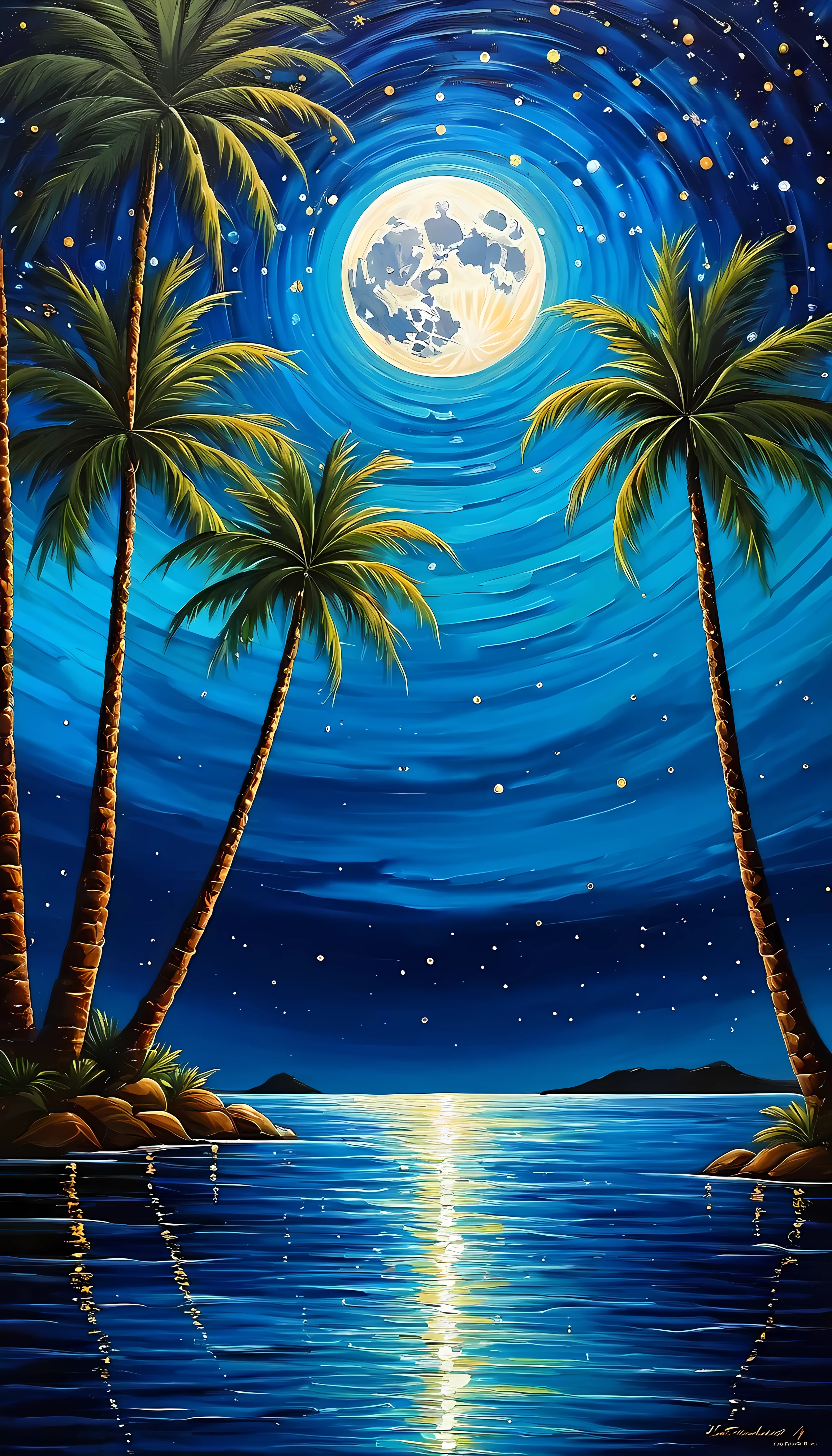 A breathtaking landscape painting that captures the essence of a celestial dance. The scene features towering palm trees silhouetted dark night starry Sky,full moon. The palm trees are elegantly mirrored in the rippling waters below, creating a sense of balance and harmony. The interplay of light and shadow creates a tranquil symphony, with nature's timeless embrace unfolding in an abstract, serene harmony.