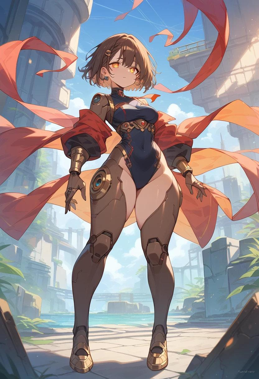 score_9, score_8_up, score_7_up, masterpiece, absurdres,rating safe, 1girl robot, brown eyes, brown short hair, Thick thighs, beautiful robot, glowing eyes, a futuristic world.
