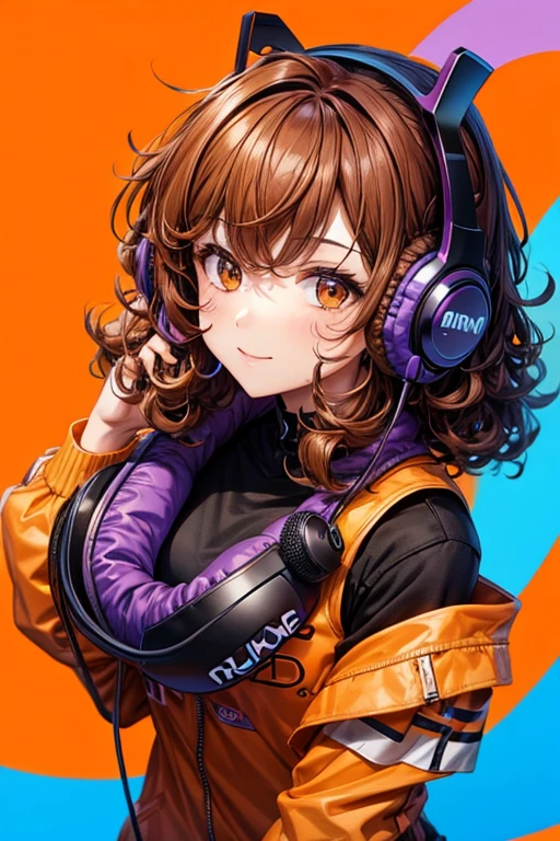  with curly brown hair using gaming headset on orange and purple background

