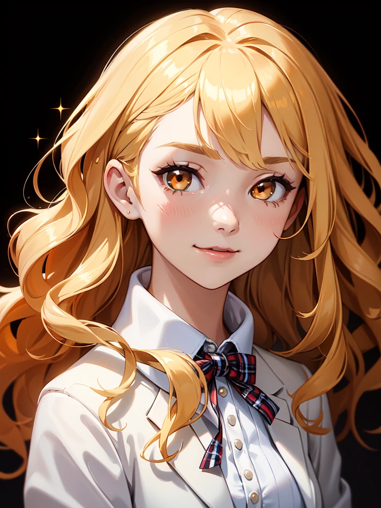 (((Portrait Photo))), She has a Pretty and Cute 18-Year-Old Appearance, with a Small, Slender Build, and a Curby Figure. She has Short, Wavy Golden Blonde Hair that Frames Her Face, with Strands Falling Around Her Face. Her Striking Orange Eyes Sparkle with Innocence and Mischief, Giving Off a Cheerful and Charming Attitude. She Wears a Traditional  Consisting of an White Blouse, a Plaid Skirt, and a White Blazer. (((High Quality, Dark Background))), (((Portrait Photo)))