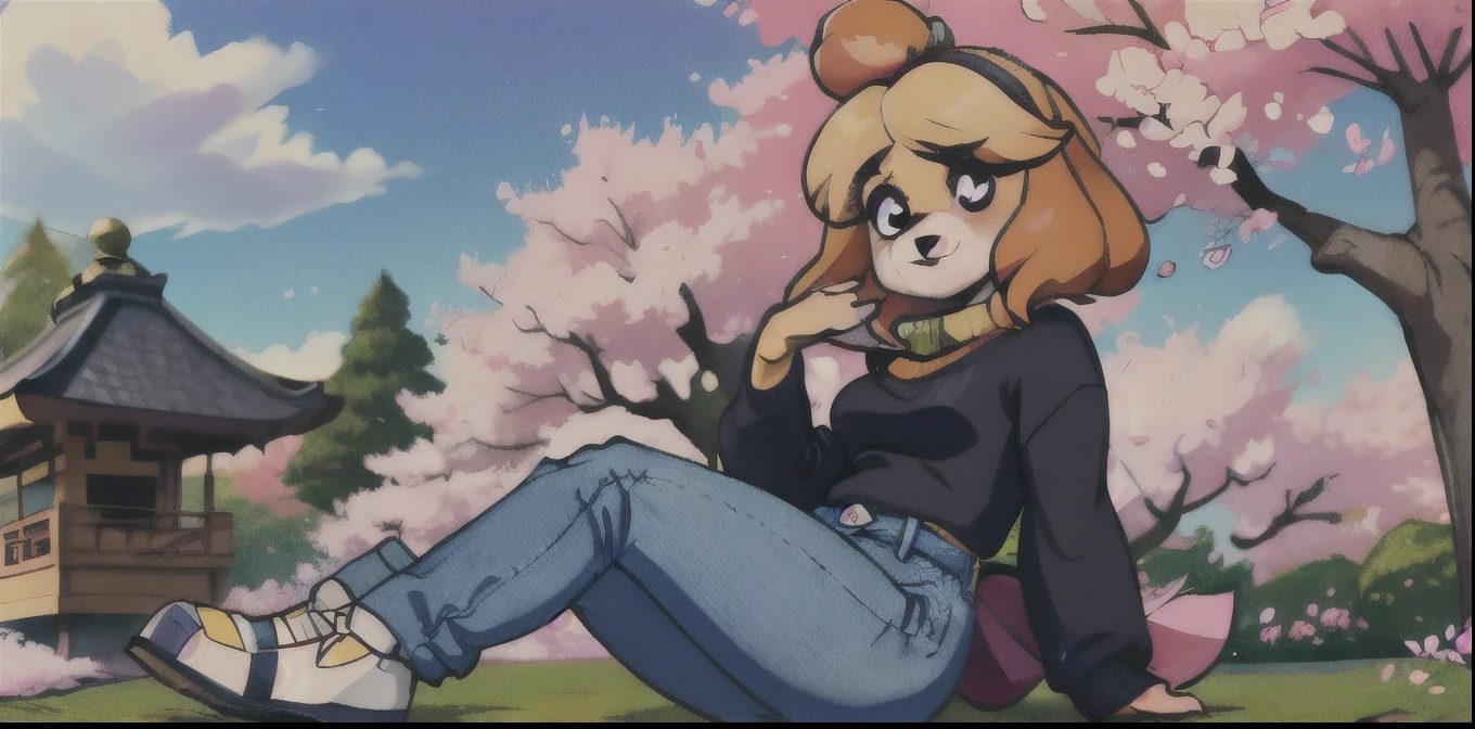 (Isabelle \(Protect animals\):1.1), (masterpiece, best quality:1.15), 1 Girl, Solitary, Small Breasts, Looking at the audience, Maroon eyes, permanent, Cross your legs, Even attract, Killer sweater, jeans, sky, picturesque, Idyllic, outdoor, Cherry blossoms, Tree, Japanese Architecture, garden, pink, Flowers, petal, falling petal, Japanese Garden, used to be, Cherry blossoms, Long hair, French Braid, Ahog, affectionate, Small heads, Small Eyes, Flat nose