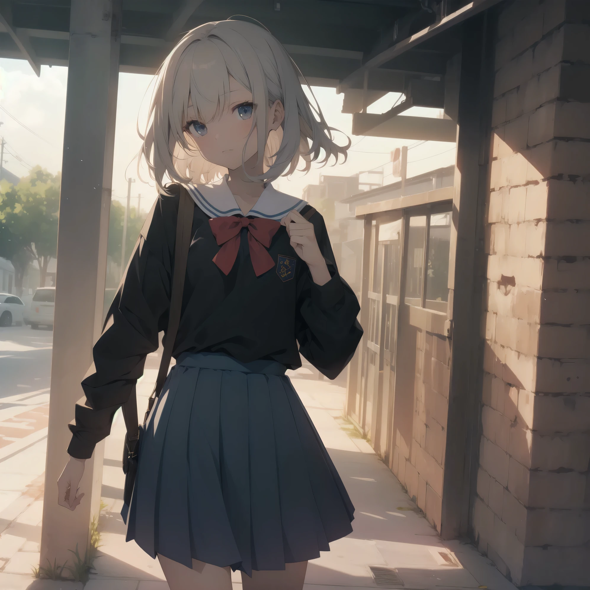 ultra-absurdres-Top quality by artist God, ultra-detailed, high resolution, anime moe artstyle, best anime 8k konachan wallpaper, pixiv contest winner, pool:2810, perfect anatomy,break, 1girl, (Please draw a girl walking sleepily to school alone. )break,(Solo,little female, 13-year-old:1.3),Full limbs, complete fingers,a junior high school student, (very short hair), short cut, flat , , small , small black eyes, beautiful detailed eyes, well-proportioned iris and pupils, expressive eyes, highres detailed hair, soft expression, salor school_uniform, sailor collar, serahuku, bow, pleated skirt,(Detailed Lighting), (Detailed background), in the School commute route. break,super detailed skin, Best cinematic lighting powered by famous artist, 8k,beauty illustration,photoshop_(medium),very aesthetic,break,((artist:yuuhagi_(amaretto-no-natsu) )), artist:clamp ,artist:carnelian ,artist:kantoku ,
