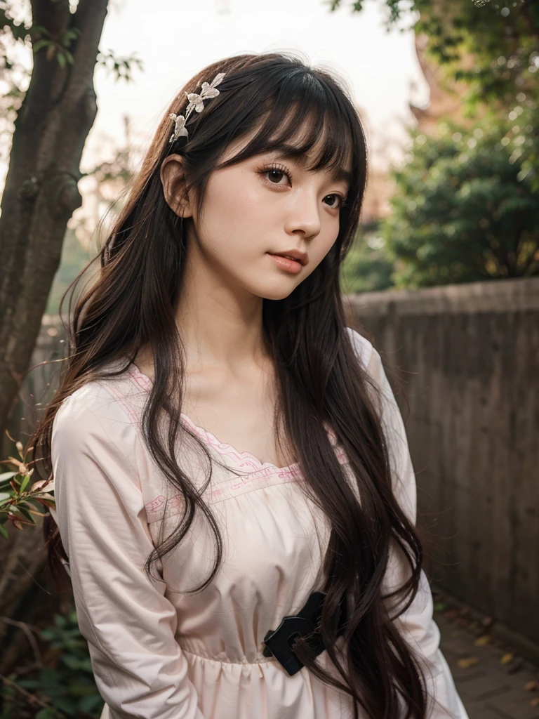 a beautiful Chinese douyin, feminine, soft girl, with white skin, black long wavy hair and bangs, and has a small and slim face, wearing a pink long-sleeved dress, with trees at the background 