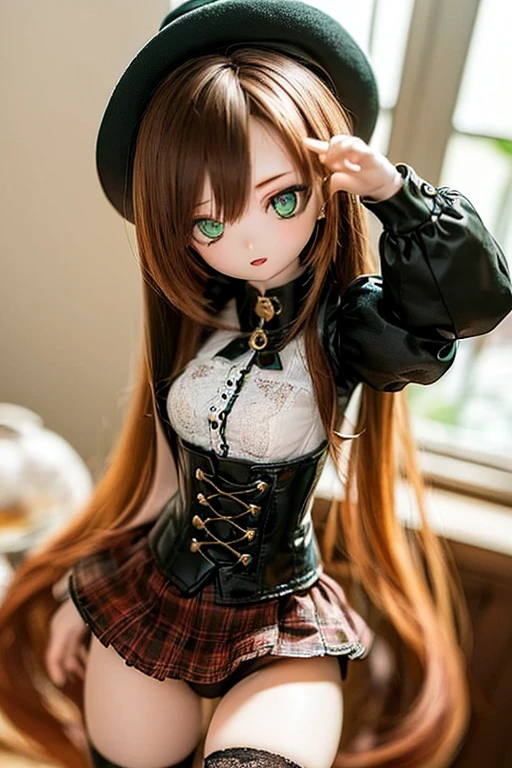 (SFW:2), photorealistic, realistic photo, 8k, ((highest quality)), ((masterpiece)), (extremely detailed), kukolnydom, doll, (mature woman, 21yo, 21 years old, solo:1.6), ((cowboy shot, dynamic pose, slim, slender, skinny, medium breasts, bowler hat, frilled shirt, puffy sleeves, corset, tiered pannier skirt, thigh-high socks)), (green eyes, brown hair, long hair, plastic skin, looking at another, glass eyes, gradient eyes, shining eyes, detailed eyes:1.3)