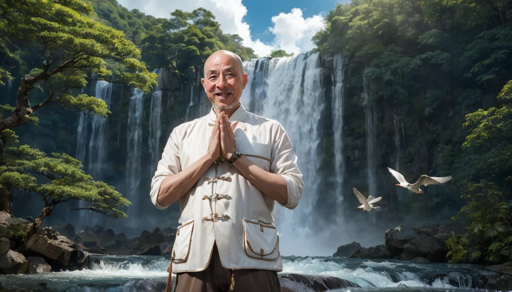 A middle-aged rather thin oriental man with a bald short beard puts his hands together，Showing goodbye，Eyes looking into the camera，Wearing a two-piece light-colored Chinese dress，Standing in the forest with waterfall，There are birds flying，There are white clouds in the blue sky，There is a rainbow above the waterfall，Beautiful and high-definition picture，The details are very clear，With depth of field