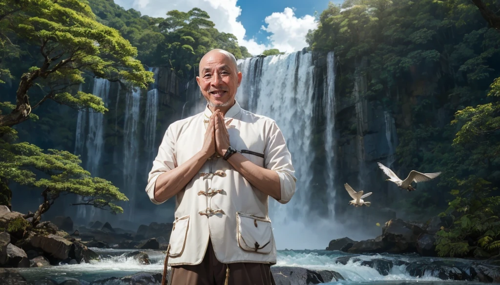 A middle-aged rather thin oriental man with a bald short beard puts his hands together，Showing goodbye，Eyes looking into the camera，Wearing a two-piece light-colored Chinese dress，Standing in the forest with waterfall，There are birds flying，There are white clouds in the blue sky，There is a rainbow above the waterfall，Beautiful and high-definition picture，The details are very clear，With depth of field