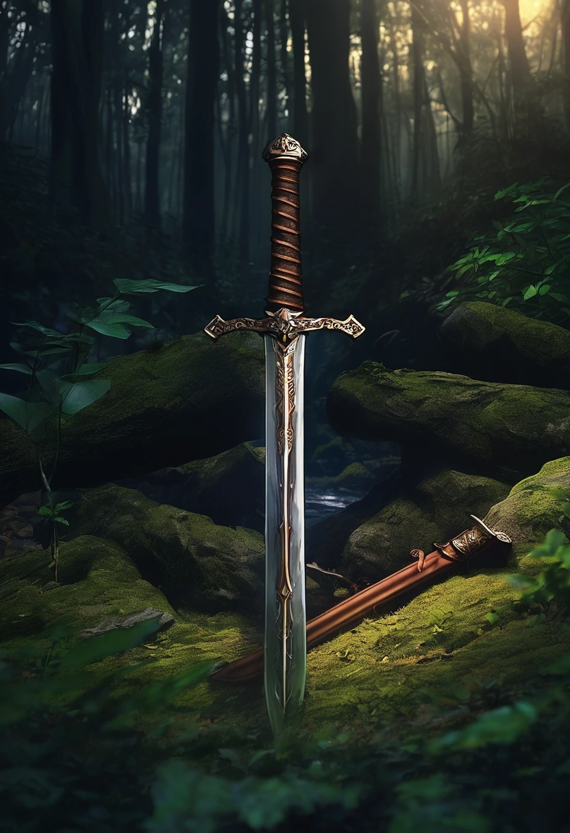 In the dark and deep forest、A rusty sword is stuck deeply into the ground at a slight angle.。There&#39;s a faint light shining there。