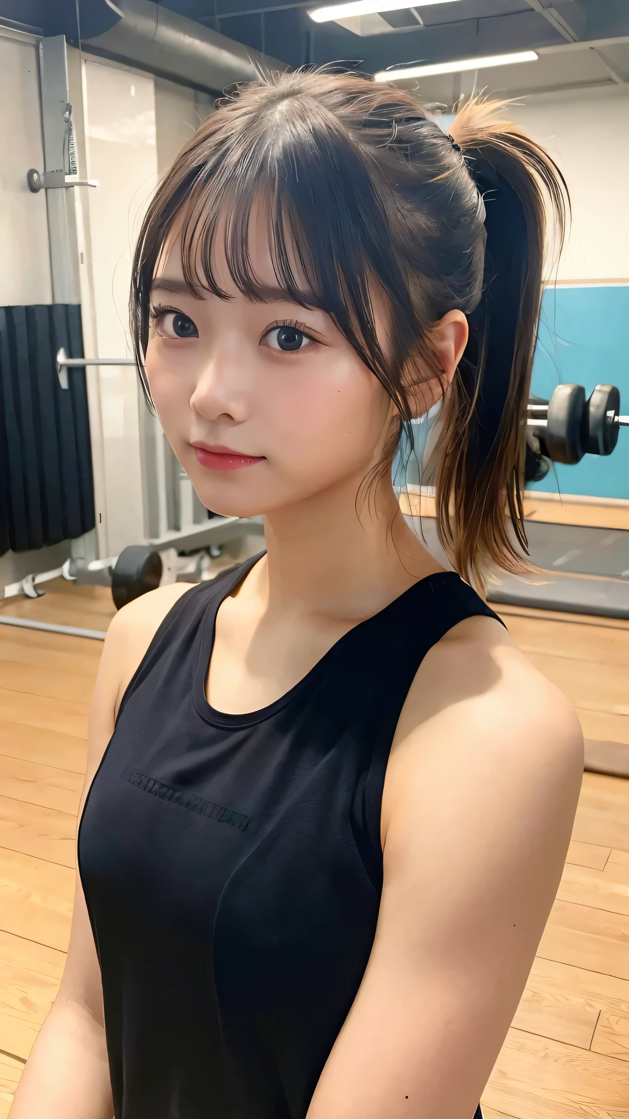 best quality, masterpiece, 1girl, high ponytail, sportswear, in a gym, upper body