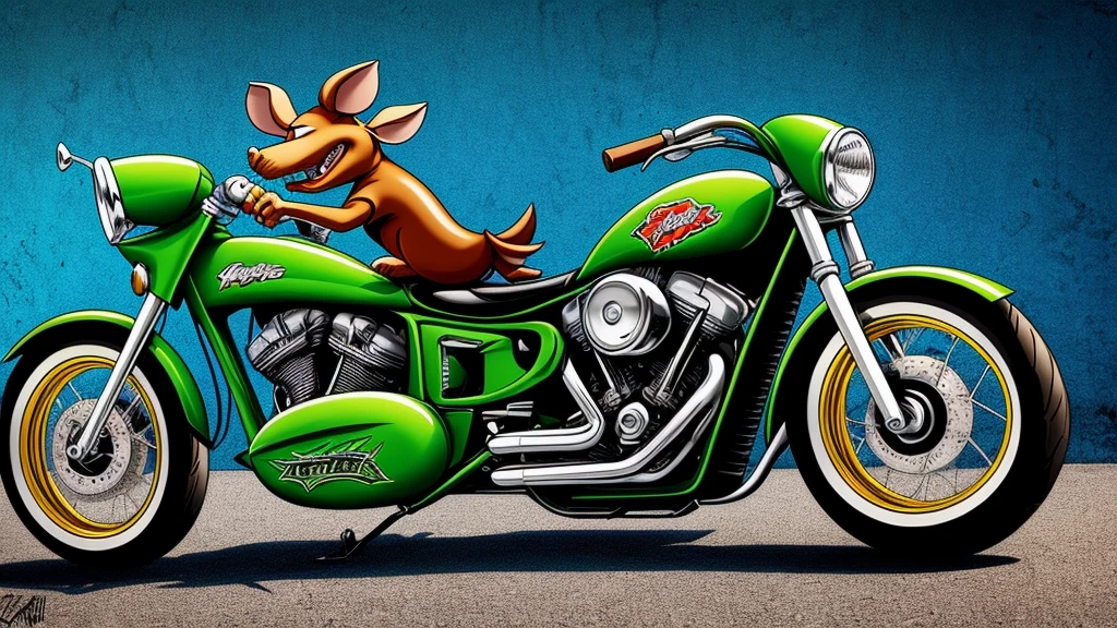 cartoon of a rat riding a motorcycle, a digital rendering, by Ed Roth, rat fink style, ratfink, frank kozik