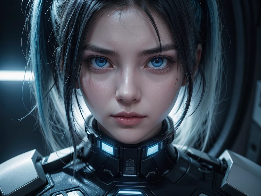 A single Russian woman with intense, styled blue hair, perhaps with neon streaks. Her expression is serious and determined, with one half of her face appearing cybernetic. She has bright pink glowing eyes, with the cybernetic eye having a more intense glow, suggesting advanced technological implants. She is looking directly at the screen, establishing an intense connection with the observer.

Her skin has a pale tone on the human side, while the cybernetic side features metallic and synthetic components. There is a vibrant neon reflection on her face, adding to the futuristic atmosphere. The neon light highlights her features and enhances the cyberpunk aesthetic. Ensure that the image captures her entire face and hair without cropping any part of them, with no background scenario.

