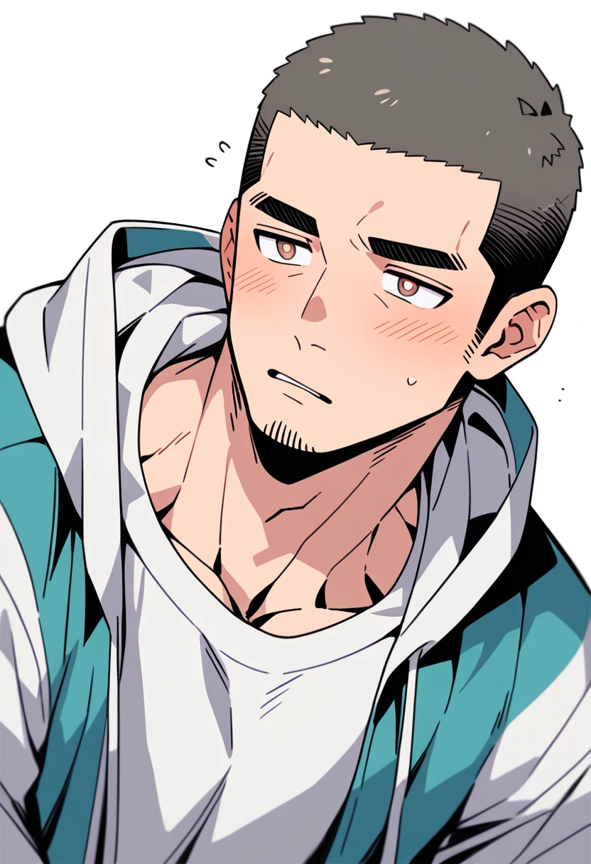 anime characters:Priapus, Muscle Sports Student, Buzz Cut, Manliness, male focus, Sports tight hooded sweatshirt, Very tight, full and perky chest muscles, muscular male, muscular, only, Upper body, alone, Black short hair, Thick eyebrows, stubble, Brown-red pupils, White background, simple background, amazing quality, best aesthetics, Ridiculous, crew cut, parted lips, flustered, endured face, shy, blush, negative space, best quality