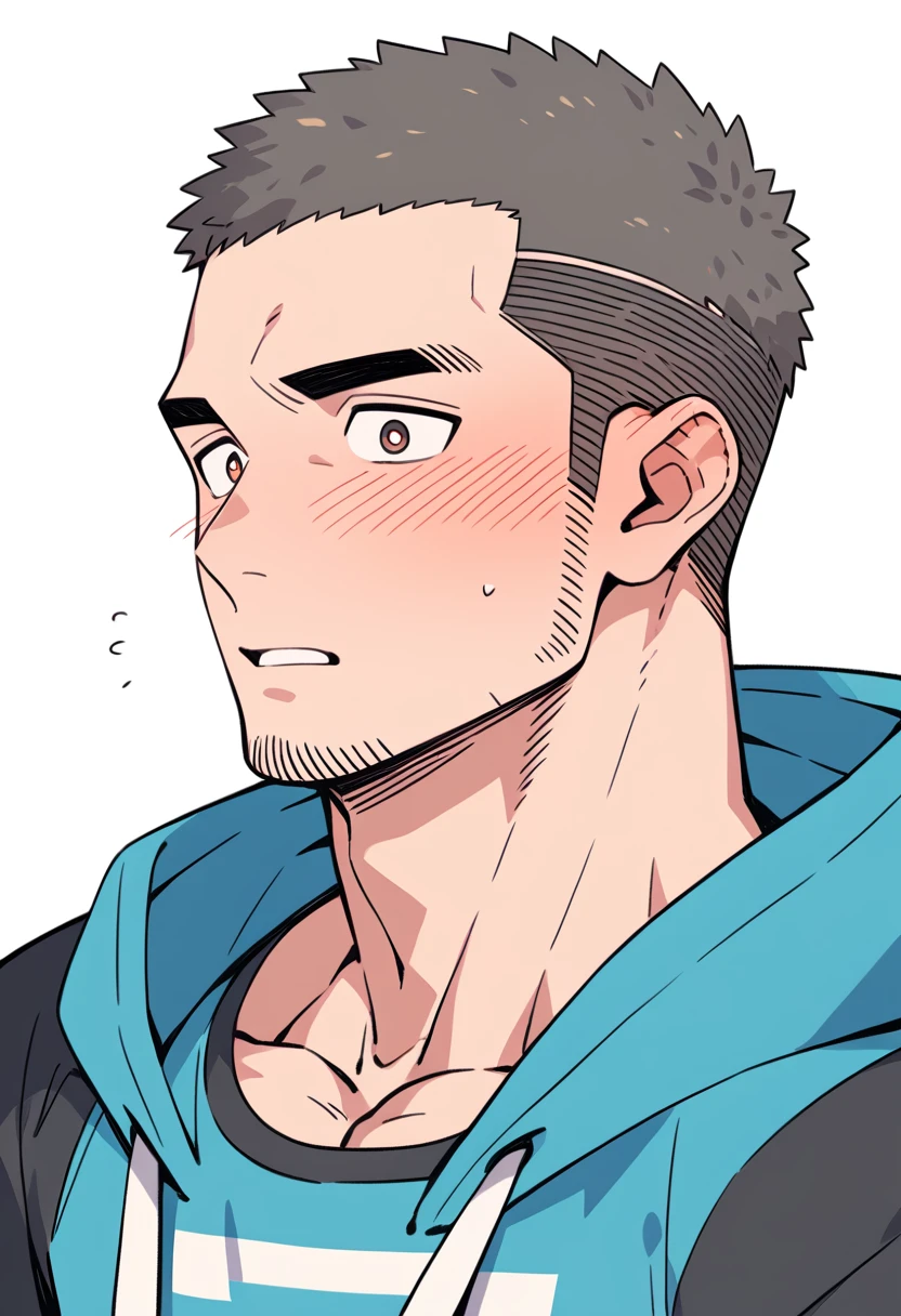 anime characters：Priapus, Muscle Sports Student, Buzz Cut, Manliness, male focus, Sports tight hooded sweatshirt, Very tight, full and perky chest muscles, muscular male, muscular, only, Upper body, alone, Black short hair, Thick eyebrows, stubble, Brown-red pupils, White background, simple background, amazing quality, best aesthetics, Ridiculous, crew cut, parted lips, flustered, endured face, shy, blush, negative space, best quality