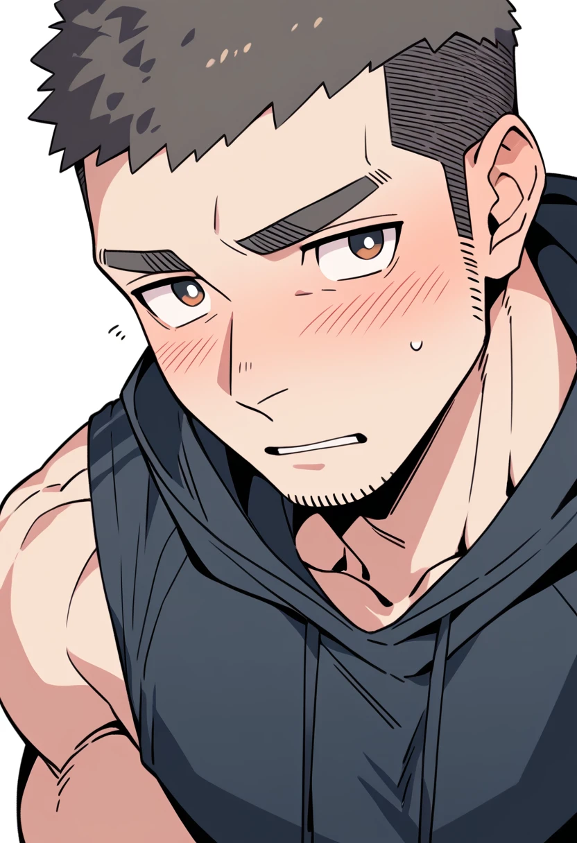 anime characters:Priapus, Muscle Sports Student, Buzz Cut, Manliness, male focus, Sports tight hooded sweatshirt, Very tight, full and perky chest muscles, muscular male, muscular, only, Upper body, alone, Black short hair, Thick eyebrows, stubble, Brown-red pupils, White background, simple background, amazing quality, best aesthetics, Ridiculous, crew cut, parted lips, flustered, endured face, shy, blush, negative space, best quality